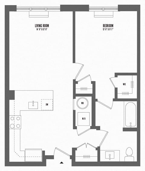 Floor plan for 1 bed, 1 bath, 700 sqft